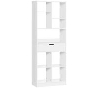 HOMCOM Estantería de Madera Blanca con 1 Cajón y 9 Compartimentos para Libros Salón Oficina Estudio 60x26x158cm Aosom España