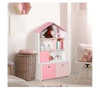 HOMCOM Estantería de Madera Infantil Librería para Niños con 4 Compartimentos 1 Puerta y 2 Cajones Extraíbles con Ruedas para Libros Juguetes 80x34x130 cm Rosa y Blanco