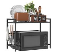 HOMCOM - Estantería de microondas Extensible de 2 Niveles, Soporte para Horno de microondas con 3 Ganchos y Marco de Metal, Estante de Almacenamiento para Cocina, Oficina, Color Negro