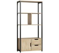 HOMCOM Estantería estilo industrial 3 estantes puerta de armario 2 cajones 58 x 24 x 122 cm efecto madera natural acero negro