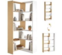 HOMCOM Estantería Expandible 5 Niveles, Librería para Libros Giratoria 350°, Ancho Ajustable, Convertible en en L, Recta o Compacta para Salón, Dormitorio, Estudio 111,5x23,8x163,7 cm Natural y Blanco