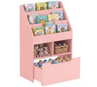 HOMCOM Estantería Infantil de Madera 3 Compartimentos 60x29,9x90 cm Rosa | 2 Cubos, Cajón Móvil con 4 Ruedas, Librería Infantil, Habitación de Niños, Sala de Juegos