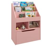 Homcom estantería infantil de madera con 3 compartimentos 2 cubos y cajón móvil con 4 ruedas librería infantil para habitación de niños sala de juegos 60x29,9x90 cm rosa