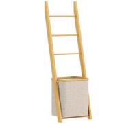 HOMCOM Estantería para Baño de Bambú Toallero de Pie con 3 Barras Cesto para Ropa Sucia Extraíble de 48 L Crema