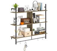 HOMCOM Estantes flotantes, estante de escalera montado en la pared de 104 cm con 4 ganchos, estante de exhibición colgante rústico para sala de estar, entrada, cocina, efecto madera gris