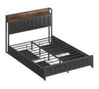 HOMCOM Estructura de cama 140 x 190 cm con somier de lamas metálicas, cama doble tapizada con 4 cajones y estante, negro