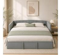 HOMCOM Estructura de Cama 90/180x190cm Convertible Nido Gris Claro | Sofá cama individual (doble), cabecero acolchado, reposabrazos, 2 bolsillos, somier de láminas, para salón