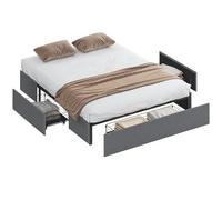 HOMCOM Estructura de cama doble 165 x 193 cm, cama doble tapizada con 3 cajones, somier de madera, sin colchón, silenciosa, altura 30 cm, gris