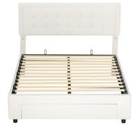 HOMCOM Estructura de cama doble con somier arcón con pistones, cajón con ruedas, cabecero regulable capitoné efecto terciopelo, crema