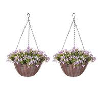 HOMCOM Flores artificiales en cesta set de 2, Cestas colgantes artificiales con 75 hojas y 15 flores en maceta, Planta decorativa para la decoración del hogar oficina, Morado