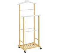 HOMCOM Galán de Noche Bambú con Ruedas Percha Superior Barras para Pantalones y Balda Inferior para zapatos Natural y Blanco