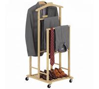 HOMCOM Galán de Noche de Bambú con Ruedas, Bandeja, 41x50x105 cm, Natural | Perchero Burro, Barras para Ropa de 47 cm, Soporte para Pantalones, Estante Inferior, Perchero para Trajes de Hombre
