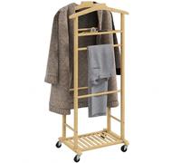 HOMCOM Galán de Noche de Bambú con Ruedas Bandeja 47x33,7x105,5 cm Natural | Colgadores de Ropa, Barras para Pantalones, Zapatero, Perchero Burro, Dormitorio, Pasillo