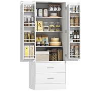 HOMCOM Highboard, mueble de cocina, vitrina, 2 puertas, 4 compartimentos, 8 especieros, 2 cajones, estantes regulables, mueble de almacenaje para salón, comedor, 60x40x159cm, blanco