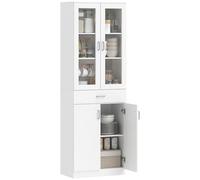 HOMCOM Highboard, Mueble de Cocina, Vitrina, 4 Puertas (2 de Cristal), cajón, estantes Ajustables, Cierre Suave, Mueble de almacenaje para salón, Comedor, 60x35x180cm, Blanco