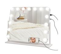 HOMCOM Hollywood Espejo con iluminación 62,5 x 52 cm 360 ° Espejo de maquillaje giratorio con 15 luces LED, 3 colores de luz, puerto de carga USB, soporte para teléfono móvil, interruptor táctil
