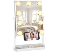 HOMCOM Hollywood Espejo de Maquillaje con Luz 9 Bombillas LED Blanco | Espejo de Tocador Giratorio, 3 Colores, Interruptor Táctil, Soporte para Teléfono y Bandeja