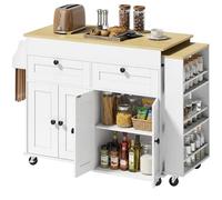HOMCOM Isla Central Cocina con Bandeja Extensible, Postre de Cocina con Ruedas con 2 Cajones, 4 Puertas, Toallero y Portaespecias, Estilo Rústico, 127,2-189,2 x 50 x 87,8 cm, Blanco