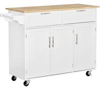 HOMCOM Isla de Cocina con Ruedas Carro de Cocina Mueble Auxiliar de Cocina con 2 Cajones 3 Puertas y Barra Lateral para Comedor 121x46x91 cm Roble y Blanco