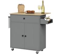 HOMCOM Isla de Cocina con ala Abatible Carrito de Cocina Mueble Auxiliar de Cocina con Ruedas 2 Puertas Cajón Especiero Toallero y Estante Ajustable 106x42x87 cm Gris y Roble