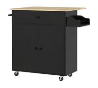 HOMCOM Isla de Cocina con ala Abatible Carrito de Cocina Mueble Auxiliar de Cocina con Ruedas 2 Puertas Cajón Especiero Toallero y Estante Ajustable 106x42x87 cm Negro y Roble