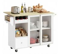 HOMCOM Isla de Cocina con Encimera Abatible, Botellero, Blanco y Roble | Carrito de Cocina, Puertas Correderas de Vidrio, Ruedas, Cajón, Especiero y Estante Ajustable