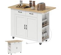HOMCOM Isla de cocina con estación de carga, carro de cocina con ruedas con encimera abatible, bastidores de especias, 2 cajones y estante ajustable, para cocina y comedor, color blanco