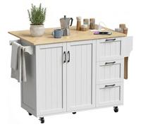HOMCOM Isla de Cocina con Estación de Carga, Encimera Extensible, Blanco | Carro de Cocina con Ruedas, 2 Puertas, 3 Cajones, Estantes Ajustables, Especiero, Toallero