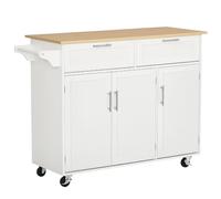 HOMCOM Isla de Cocina con Ruedas 2 Cajones 121x46x91 cm Roble y Blanco | Carro de Cocina, Mueble Auxiliar, 3 Puertas, Barra Lateral, para Comedor