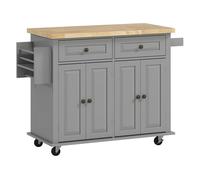 HOMCOM Isla de Cocina con Ruedas Carro de Cocina con 2 Cajones 4 Puertas Especiero Encimera de Madera Estante Ajustable y Barra Lateral para Comedor 111x44,5x82,5 cm Gris