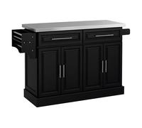HOMCOM Isla de Cocina con Ruedas Carro de Cocina con Tablero de Acero Inoxidable 2 Cajones 4 Puertas 2 Estantes Ajustables Especiero y Toallero 145x45x93 cm Negro