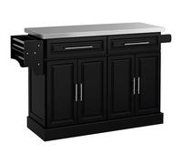HOMCOM Isla de Cocina con Ruedas Carro de Cocina con Tablero de Acero Inoxidable 2 Cajones 4 Puertas 2 Estantes Ajustables Especiero y Toallero 145x45x93 cm Negro