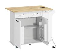 HOMCOM Isla de Cocina con Ruedas Carro de Cocina con Toma de Corriente USB Tablero Plegable 2 Cajones 2 Puertas Estante Ajustable Especiero y Toallero 119,5x74x94,5 cm Blanco