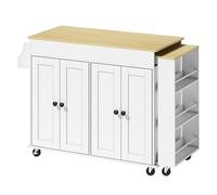 HOMCOM Isla de Cocina con Ruedas, Encimera Extensible, Carro de Cocina con 4 Puertas, Estantes Ajustables, Estantería Lateral Abierta, Especiero y Soporte para Toallas, para Comedor, Blanco