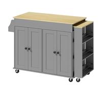 HOMCOM Isla de Cocina con Ruedas, Encimera Extensible, 4 Puertas, Gris | Carro de Cocina, Estantes Ajustables, Estantería Lateral Abierta, Especiero, Soporte para Toallas, para Comedor