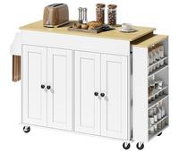 HOMCOM Isla de Cocina con Ruedas, Encimera Extensible, Carro de Cocina con 4 Puertas, Estantes Ajustables, Estantería Lateral Abierta, Especiero y Soporte para Toallas, para Comedor, Blanco