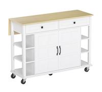 HOMCOM Isla de Cocina con Ruedas, Encimera Plegable, Carro de Cocina con 2 Puertas con Cierre Suave, 2 Cajones, 6 Estantes Abiertos, Blanco
