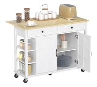 HOMCOM Isla de Cocina con Ruedas, Encimera Plegable, Carro de Cocina con 2 Puertas con Cierre Suave, 2 Cajones, 6 Estantes Abiertos, Blanco