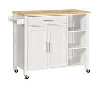 HOMCOM Isla de Cocina con Ruedas Mueble Auxiliar de Cocina con 1 Cajón 2 Puertas 3 Estantes Abiertos y Barra Lateral para Comedor 107,5x48x89 cm Blanco