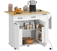 HOMCOM Isla de Cocina con Ruedas y Toma USB, Tablero Plegable, Blanco | Carro de Cocina, 2 Cajones, 2 Puertas, Estante Ajustable, Especiero, Toallero, 119,5x74x94,5 cm