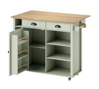 HOMCOM Isla de Cocina con Tablero Plegable y Ruedas, Carrito de Cocina con Estantes en la Puerta, Toallero, Armario, 2 Cajones, Estantes Abiertos, 117,5x70x91 cm, Verde Claro