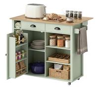 HOMCOM Isla de Cocina con Tablero Plegable y Ruedas, Carrito de Cocina con Estantes en la Puerta, Toallero, Armario, 2 Cajones, Estantes Abiertos, 117,5x70x91 cm, Verde Claro