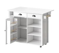 HOMCOM Isla de Cocina con Tablero Plegable y Ruedas, Carrito de Cocina con Estantes en la Puerta, Toallero, Armario, 2 Cajones, Estantes Abiertos, 117,5x70x91 cm, Blanco