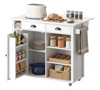 HOMCOM Isla de Cocina con Tablero Plegable y Ruedas, Mueble Auxiliar de Cocina con Especiero, Toallero, Armario, 2 Cajones, Estantes Abiertos, 117,5x70x91 cm, Blanco