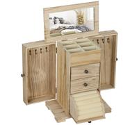 HOMCOM Joyero de Madera de 4 Niveles Joyero Mujer Organizador con 2 Cajones Espejo para Pendientes Anillos Collares Natural