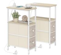 HOMCOM Juego de 2 Mesas Auxiliares con Enchufe, Mesitas Auxiliares Estrechas con Toma AC, Puerto USB, Puerto USB-C, 2 Cajones de Tela, Estante Abierto, para Salón, Dormitorio, Natural