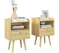 HOMCOM Juego de 2 mesillas de Noche con cajón Efecto ratán y Compartimento Abierto, mesilla de Noche para Dormitorio, salón, 40 x 30 x 60 cm, Efecto Madera Natural