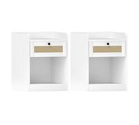 HOMCOM Juego de 2 Mesitas de Noche con Cajón con Frontal de Ratán Mesillas de Noche para Dormitorio para Habitación Hogar 40x40x53 cm Blanco