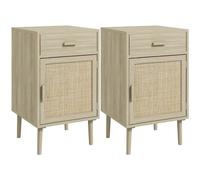 HOMCOM Juego de 2 Mesitas de Noche con Cajón de Ratán 40x40x68,5 cm Roble