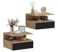 HOMCOM Juego de 2 Mesitas de Noche Flotantes 35x32x22,5 cm Roble y Negro | Cajón, Mesillas de Noche Dormitorio, Estilo Moderno, Montado en la Pared, para Sala de Estar